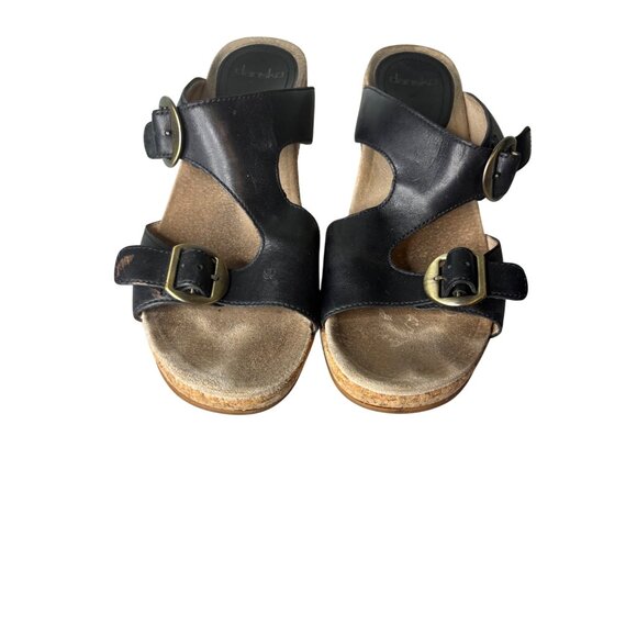 Dansko Carla Platform Wedge Sandals Black Sz 41 Peep Toe Buckle Strap Colorblock - Picture 2 of 11